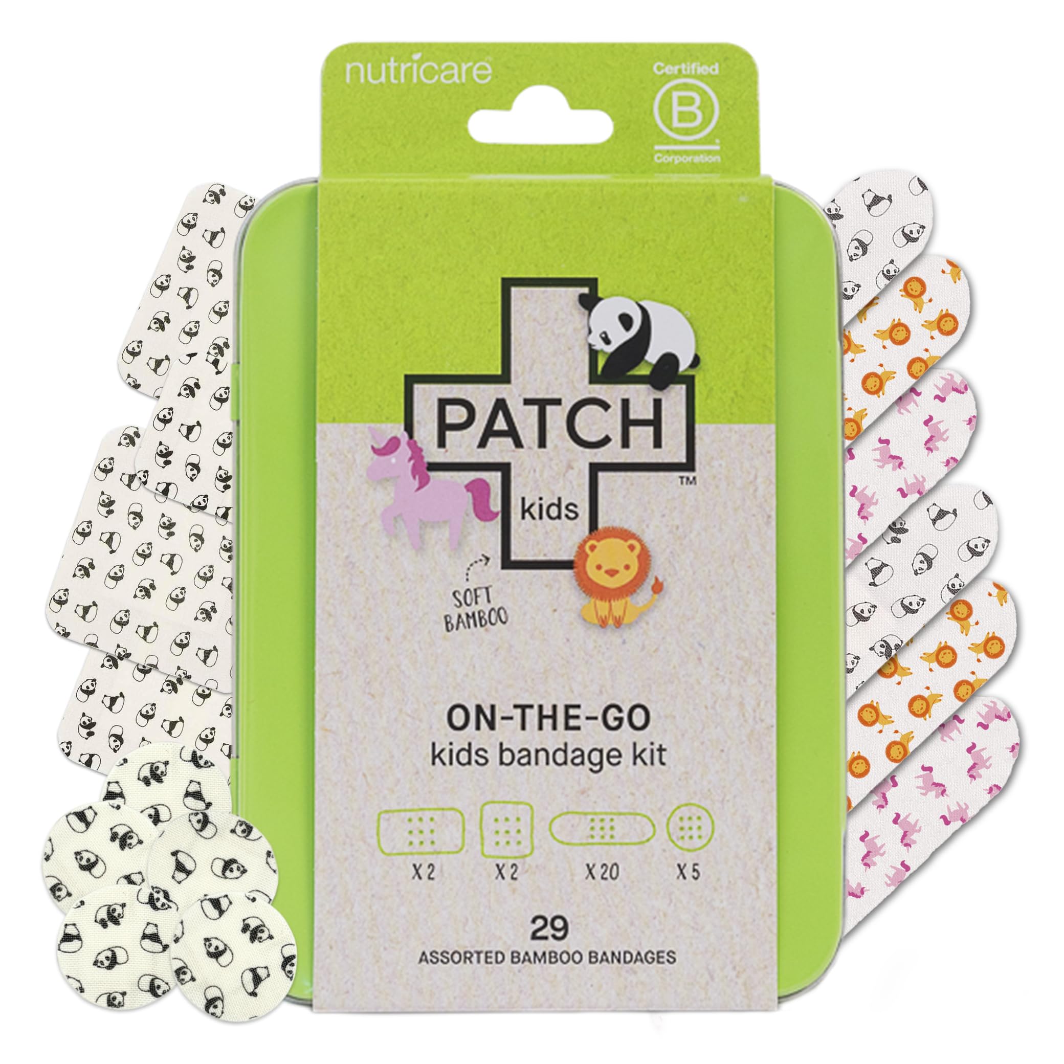 Patch Kids On-The-Go Natural Bamboo Adhesive Bandage Kit for Sensitive Skin, Eco-Friendly Hypoallergenic Bandages for Sensitive Skin. Non Toxic Bandages for Boys & Girls with Cute Prints, 29 ct Small